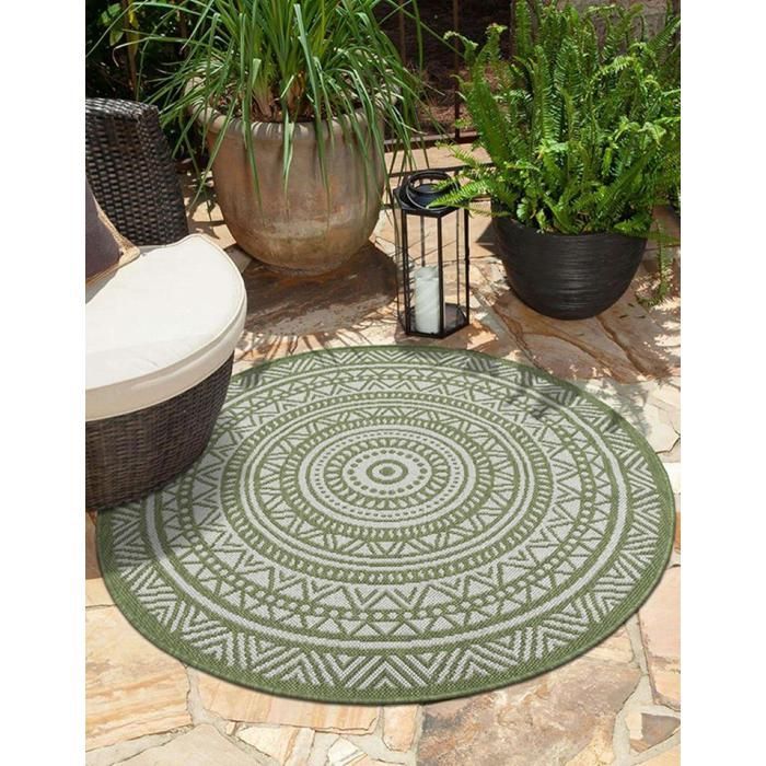 Alfombra de exterior - THE CARPET - Mistra - Resistente a los rayos UV - Verde - 120 cm - Redonda - Diseño Mandala