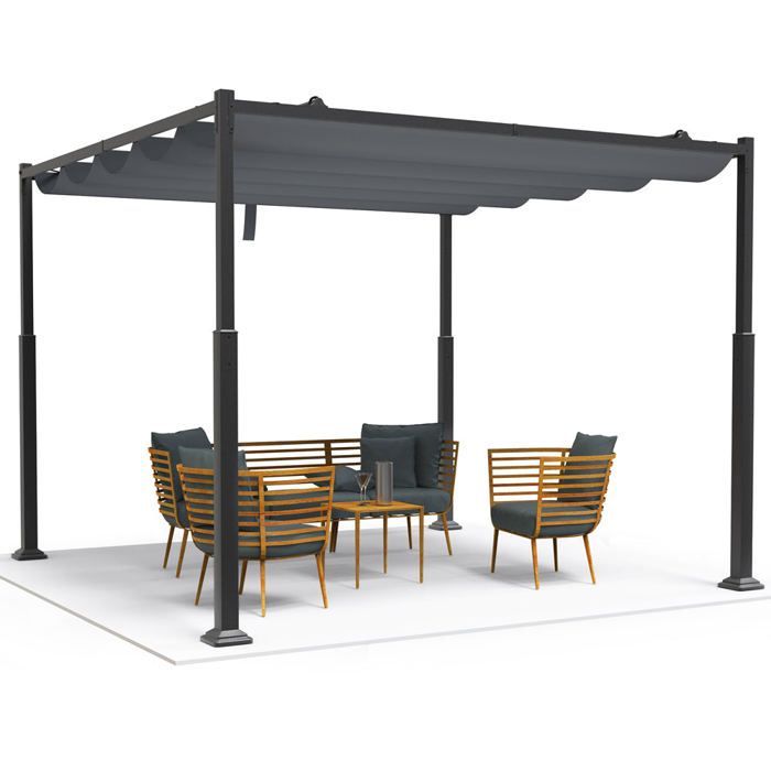 VOUNOT® Retractable Pergola 3x3m in metal and high-density 180 g/m² polyester fabric, grey