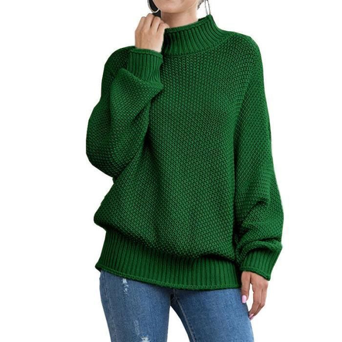 Pull Femme Col Roulé Tricoté Automne Hiver Chaud Hauts Lâche Manches Longues Couleur Unie - Vert