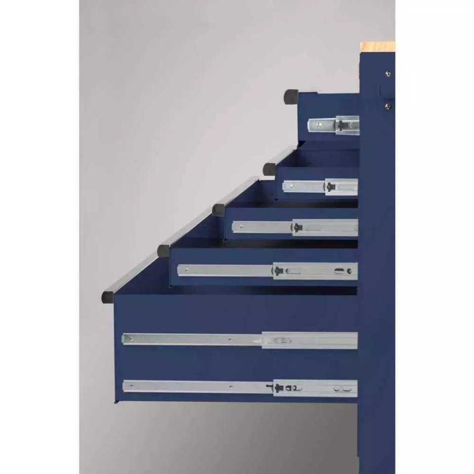 Bancada de trabalho móvel com caixa de ferramentas profunda de 56 polegadas (142 cm) de largura, 5 gavetas e 1 porta, azul brilhante, tampo de madeira maciça.