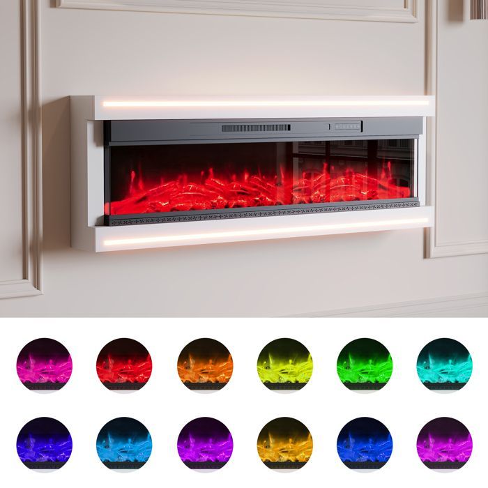 Chimenea eléctrica mural Luminarix de 50 pulgadas - 750W/1500W - 12 llamas - Mando a distancia incluido