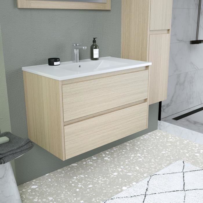 Conjunto de baño - Mueble de lavabo W80 + espejo + armario alto - MADERA