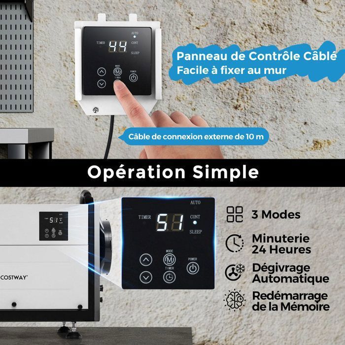 Deshumidificador profesional COSTWAY - 58,5 l/día - 3 modos - Temporizador de 24 horas - Inicio diferido - Hasta 80 m² - Descongelación automática - Blanco