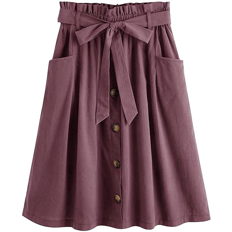 Jupe midi plissée trapèze taille haute décontractée pour femme avec poche