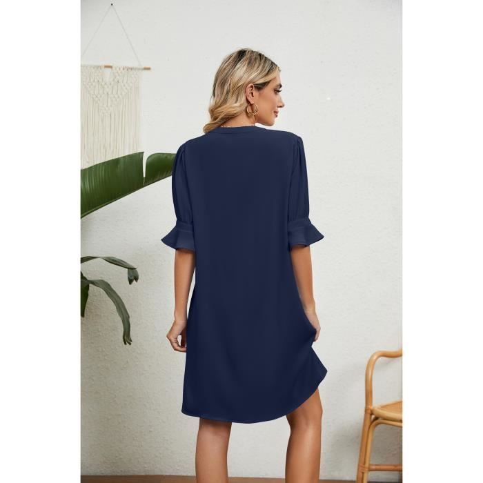 Robe Femme Col V Manches courtes Casual Couleur unie - Bleu fonce