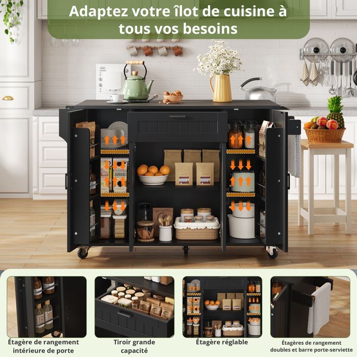 Isla de cocina con almacenamiento integrado, encimera extensible, 4 puertas, 1 cajón, ruedas con freno, 120x45(70)x95cm, negra