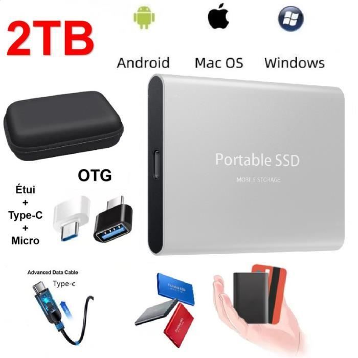 2 TB tragbare Mini-SSD-Festplatte, silberfarben, mit OTG-Funktion und Schutzhülle/Tasche
