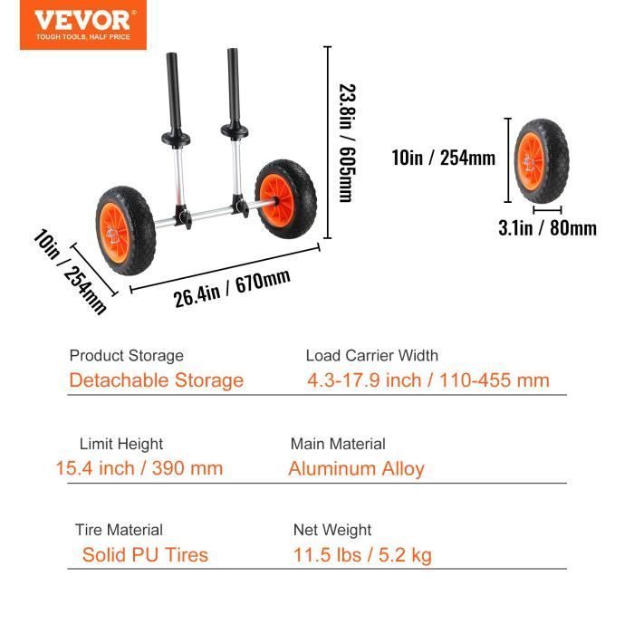 Carro para kayak - VEVOR - Carro de transporte para canoas de 127 kg - Ancho ajustable - Ruedas macizas de 25,4 cm para kayaks 252x670x605 mm