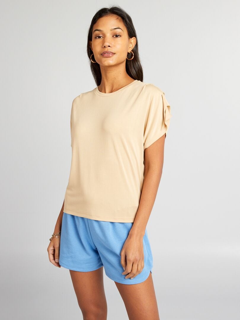 Camiseta con mangas plisadas - BEIGE