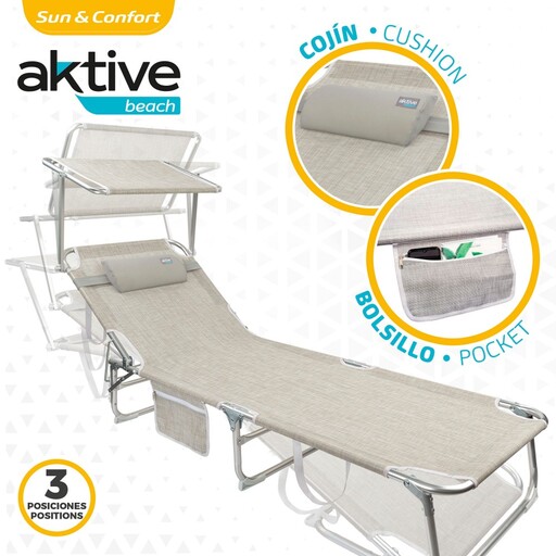 Aktive Beach Folding Sun Lounger with Parasol and Cushion