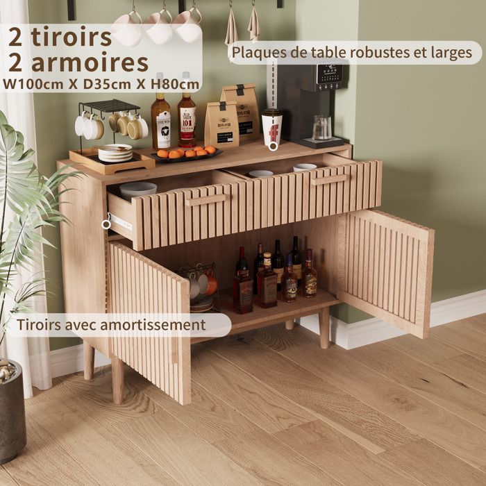 Aparador de cozinha em madeira maciça, 100 x 35 x 80 cm – 2 gavetas, 2 portas, anti-tombamento – estilo escandinavo