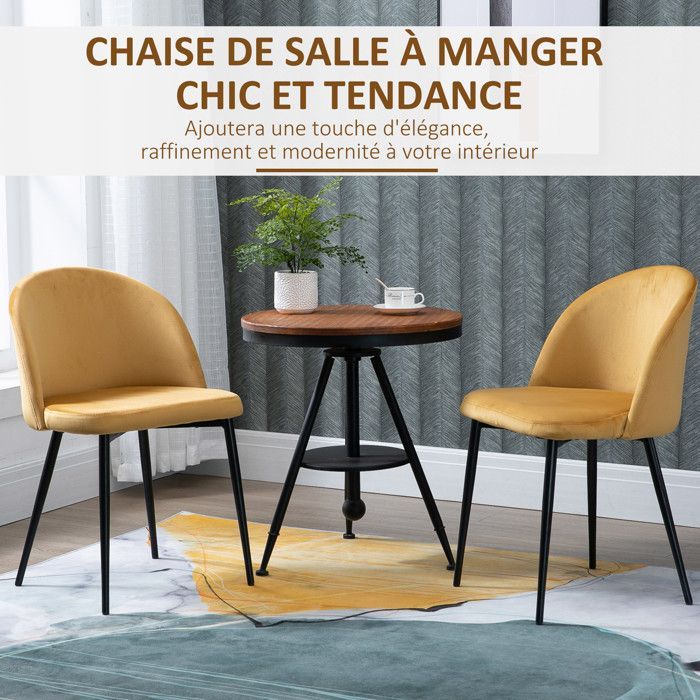 Chaises de salle à manger - HOMCOM - lot de 2 cuisine scandinave velours rembourrée pieds effilés - métal - jaune