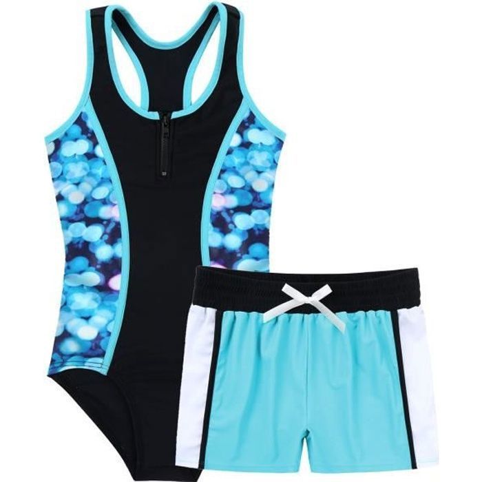 IEFIEL Deuxs Pièces Maillot de Bain Fille Enfant Body de Plage Sans Manches Bikini Short de Bain Sport Costume Natation 3-16 Ans