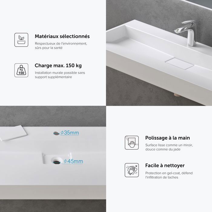 Lavabo mural Doporro con desagüe, lavabo de encimera, blanco mate, 70x46x11cm, lavabo rectangular con orificio para taladrar, Colossum19