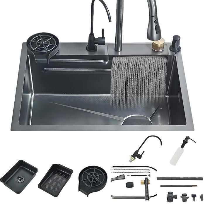 Fregadero de cocina multifuncional de acero inoxidable con efecto cascada - 60*45cm - Con grifo - Pantalla digital - Fregadero de cocina de un solo seno