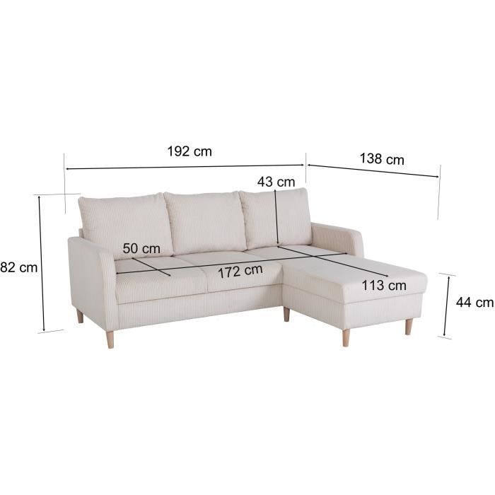 Ecksofa mit festem Sitz – 3-Sitzer – CHIPY – Stoffbezug Lincoln Pearl – Beine aus Naturholz – 192 x 82 x 138 cm