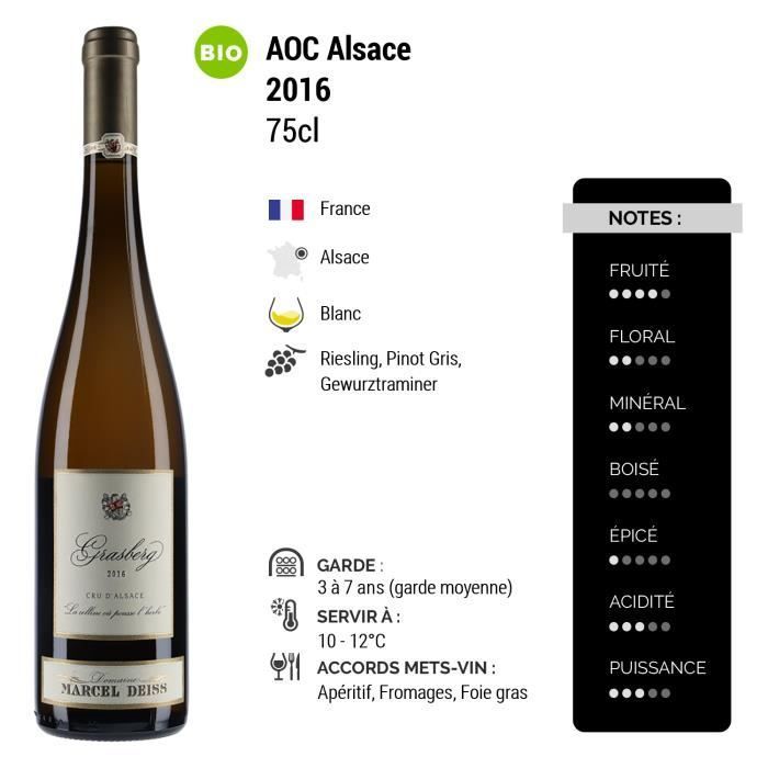 Alsace Grasberg Blanc 2016 - Ecológico - Lote de 3 botellas de 75 cl - Marcel Deiss - AOC Vino blanco de Alsacia - Riesling, Pinot Gris, variedades de uva
