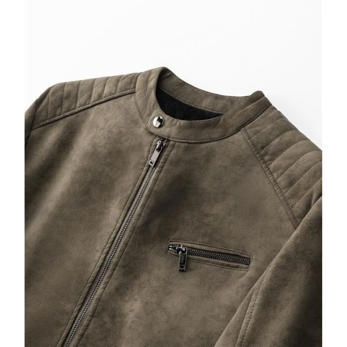 Chaqueta de moto para hombre de piel sintética con forro polar doble cálido para otoño e invierno - Marrón