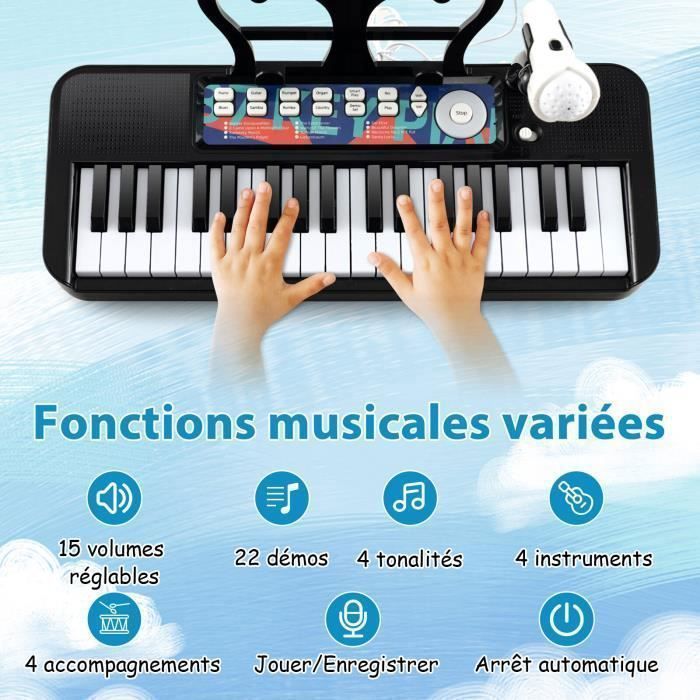 Piano electrónico COSTWAY para niños de 3 años, 37 teclas, con taburete, micrófono ajustable y atril extraíble, color negro.