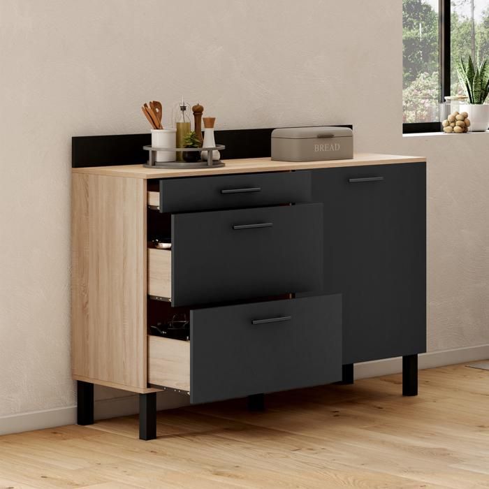 IDMARKET CINA 120cm Kitchen Sideboard with Worktop (83cm High), 1 Door + 3 Drawers, Beech and Black Finish