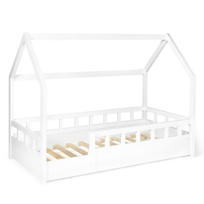 Cama infantil tipo cabaña IDMARKET NEREE de 80 x 160 cm, color blanco, con somier de láminas y barandillas de seguridad.