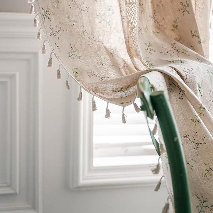 Floraweg Boho curtain, hooks, lace patchwork, semi-blackout, floral print, for living room or bedroom, 150 x 220