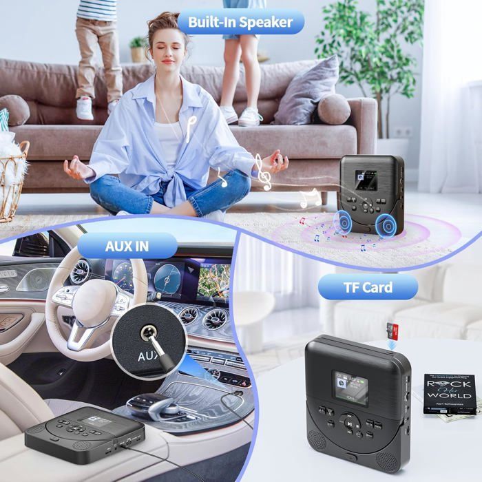 Lecteur CD Portable, Lecteur CD Bluetooth avec Haut-parleurs/écouteurs/écran, Rechargeable Player Voiture avec émetteur FMx, Noir