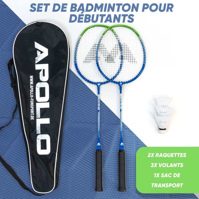 Set da badminton Apollo Match Pro 400 – Racchette da badminton con fodero e volani – Blu/Verde