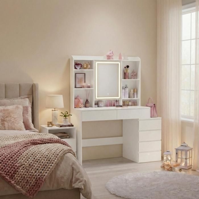 VASAGLE Coiffeuse, Grand Miroir LED à Luminosité Réglable, L-100cm, Compartiments Ouverts, Étagères Réglables, Blanc