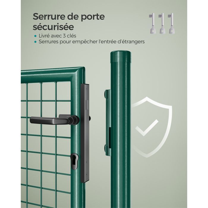 Puerta de jardín de malla, valla con cerradura, puerta de 106 x 125 cm (ancho x alto), tubo redondo, verde.