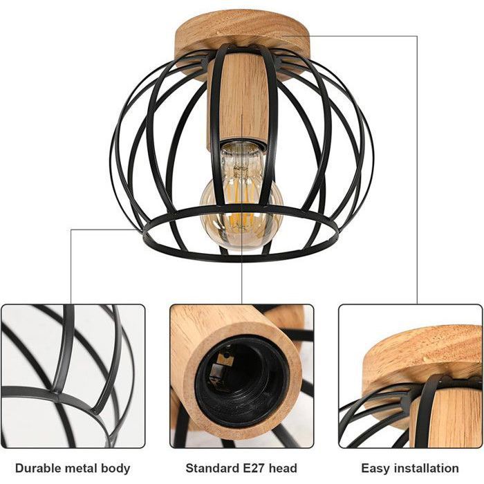 Lámpara de techo industrial metálica DORLINK – Casquillo E27 – Lámpara de techo retro para salón, dormitorio y pasillo – Negra
