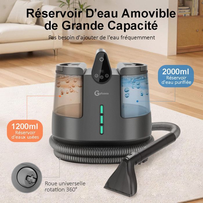 Limpiador de sofás, alfombras y telas de 14 kPa - 3 ajustes de temperatura y 1 función de vapor - Depósitos dobles de 2,0 L + 1,2 L - 22 accesorios multifuncionales