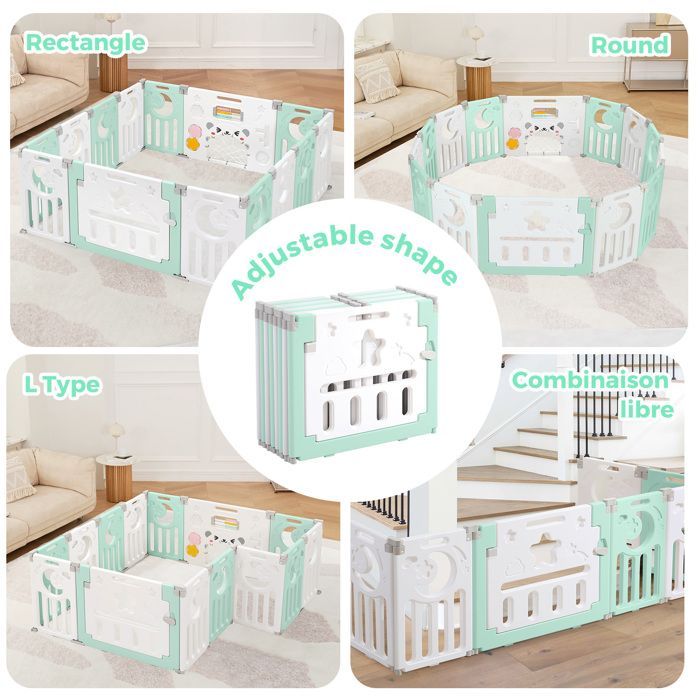 Parque infantil para bebés - XL - Verde - Plástico ecológico - De 0 a 3 años - 14 paneles - 150 × 150 cm - Plegable