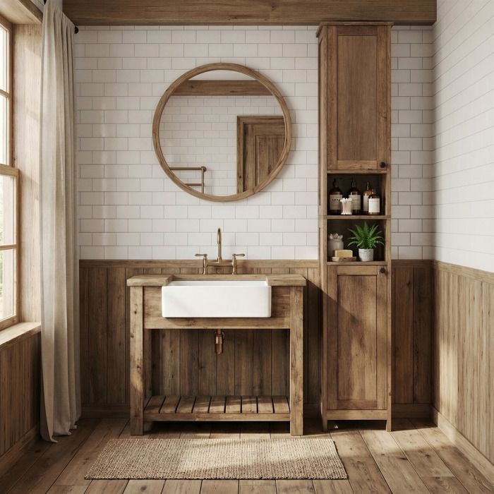 Bathroom Column, Adjustable Shelves, Modern Tall Cabinet for Small Spaces, Lighting, Brown