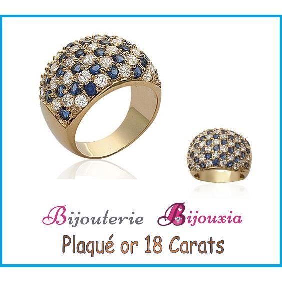 Wide ring set with pavé-set blue and white zirconia stones, 18K gold plated - Women's