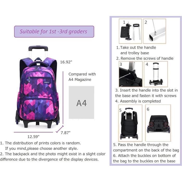 Mochila escolar Garon con ruedas para niños, mochila con ruedas para uso diario y viajes, edades de 6 a 16 años, negra.