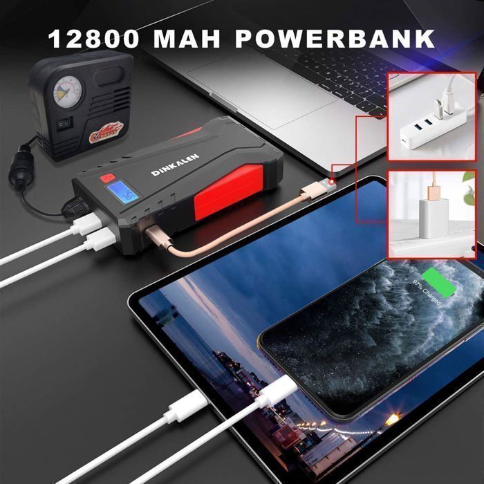 Arrancador de batería DINKALEN 12800 mAh - Arranque rápido de 1500 A - Cargador USB - Linterna LED de 3 modos
