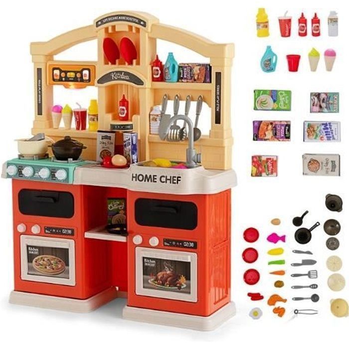 COSTWAY Kinderkeuken met 42 accessoires, speelkeukenset, realistische licht- en geluidseffecten, kerst- en verjaardagscadeau voor kinderen vanaf 3 jaar, oranje