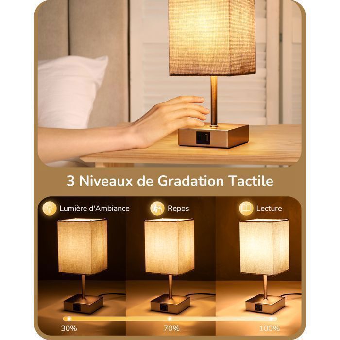 EDISHINE Lampe à Poser Tactile Lot de 2, Ports USB-A & USB-C, Ampoule E27 LED dimmable incluse, Abat-jour Gris