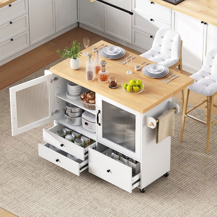 Keukeneiland met neerklapbaar werkblad - Luonians - 100 × 42 (70) × 91,5 cm, met 3 lades en 2 deuren - Wit