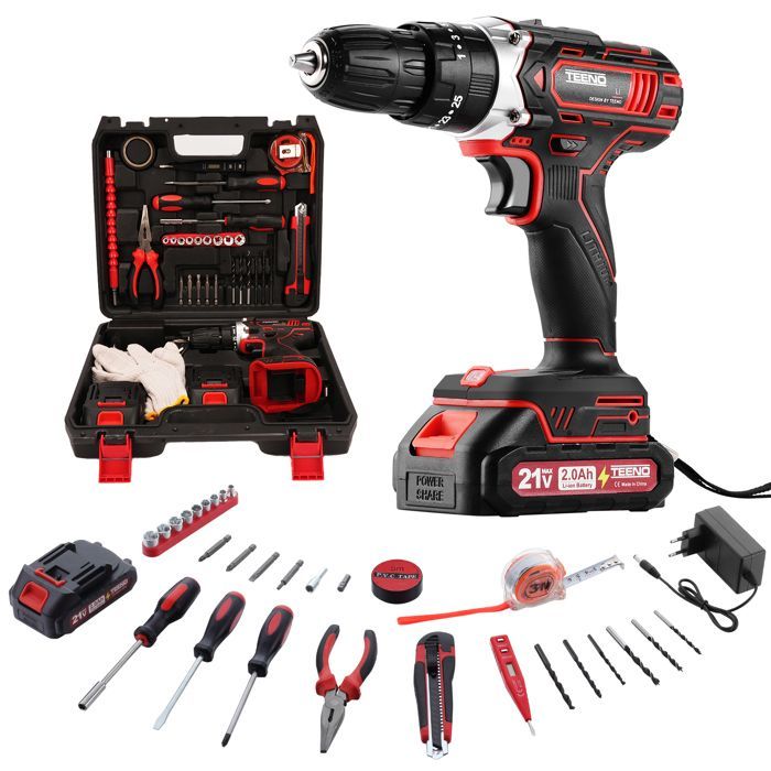 Trapano/avvitatore a batteria - TEENO - 21V - 45 Nm - 2 batterie da 2Ah - 46 accessori