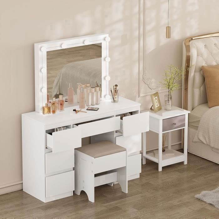 Coiffeuse WOLTU - Miroir LED à Luminosité Réglable  - 7 Tiroirs de grande taille - Table de Maquillage Blanc W0ETT0020