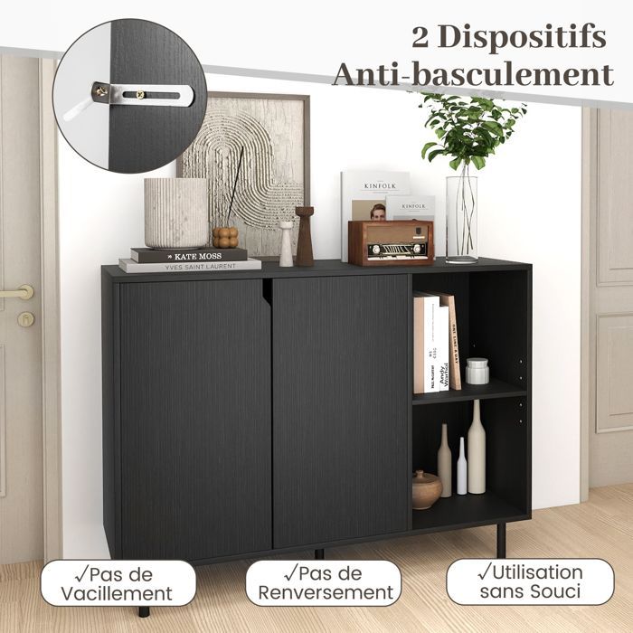 Buffet de Cuisine 106cm COSTWAY, 2 Portes, Etagères Réglables, Kit Anti-basculement, Meuble de Bar à Café pour Salle à Manger, Noir