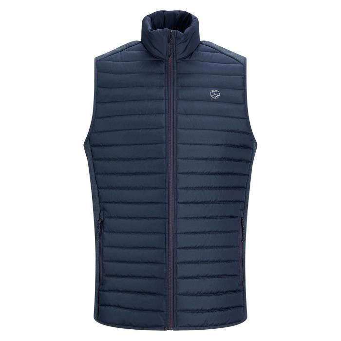 Men's sleeveless puffer jacket by JACK & JONES, navy blue — zipped stand-up collar, 2 zipped pockets