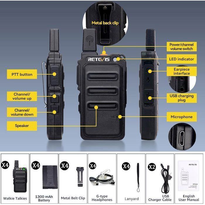 Retevis RT619 Talkie Walkie avec casque, PMR446 Mini 16 Canaux VOX Squelch, Ensemble de Radio Sans Licence Micro USB 1300mAh(4 pcs)