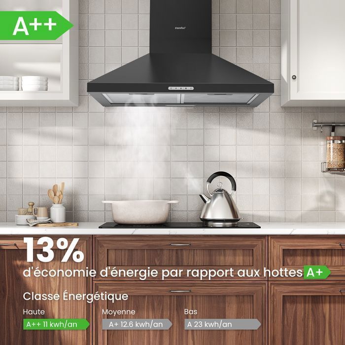 Cappa aspirante Comfee da 60 cm - 400 m³/h - Classe A++ - 2 filtri a carbone - 3 velocità - Ricircolo ed estrazione - Luce LED - Nera