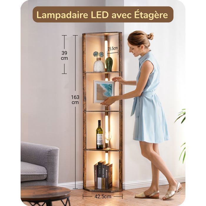 Lámpara de pie LED regulable EDISHINE para salón con estantes, 3 temperaturas de color, interruptor de pie, 163 cm de altura, nogal medio.