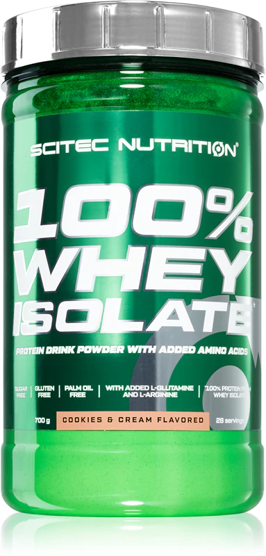 Suplemento alimentar Scitec Nutrition 100% Whey Isolate, proteína de soro de leite sem açúcar.