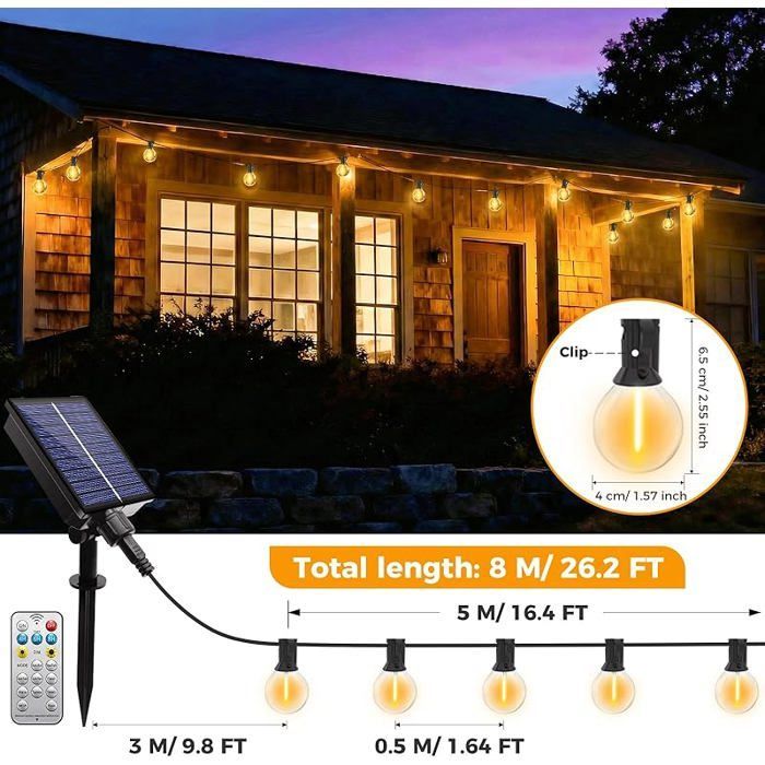Guirnalda de luces solares para exteriores Btfarm con control remoto, 8 m de LED, resistente al agua IP44, 8 modos.