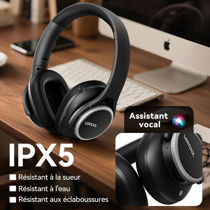 VEAOOL Wireless Bluetooth Headphones with Hybrid Noise Cancellation and ANC, Foldable, 55H Battery Life, Bluetooth 5.4, AUX Support